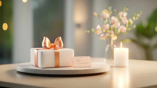 Personalized gift with a custom name tag, wrapped in thoughtful packaging, displayed on a table with subtle, unique decor.