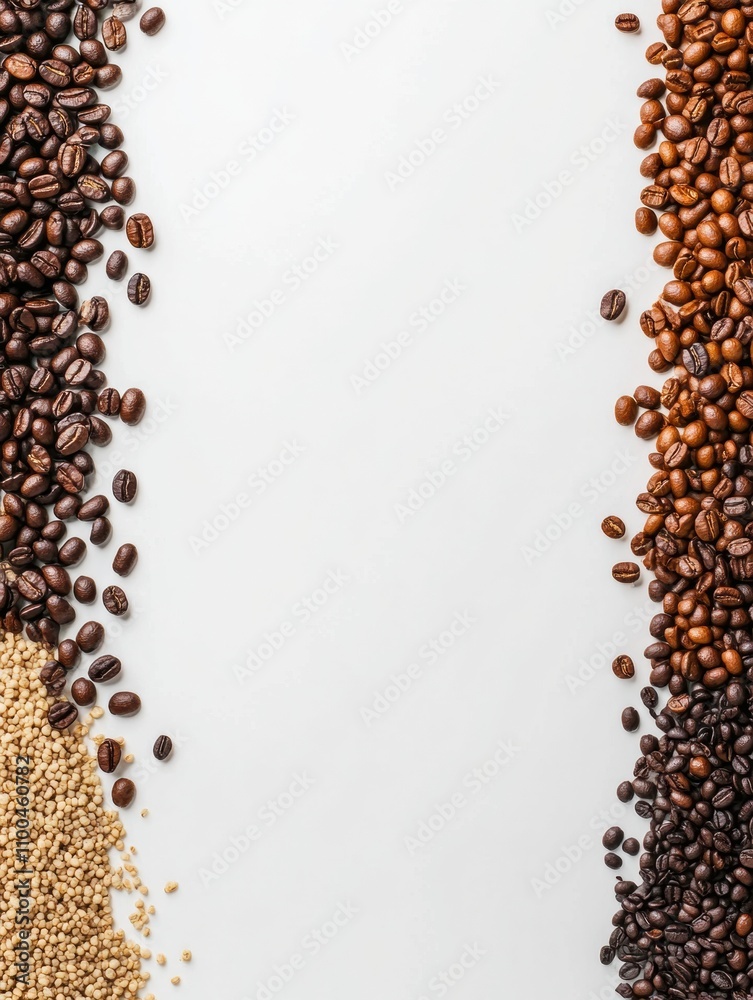 Poster different varieties of coffee beans are arranged on a white background, offering a clean space to ad