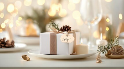 Personalized gift with a custom name tag, wrapped in thoughtful packaging, displayed on a table with subtle, unique decor.
