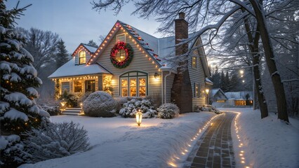 Fototapeta premium Winter evening at a beautifully decorated house with lights and wreaths during the holiday season. Generative AI