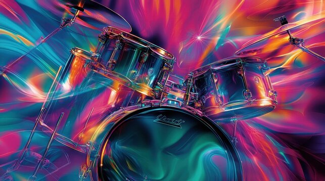 Iridescent teal magenta and gold waves merge into artistic drum forms