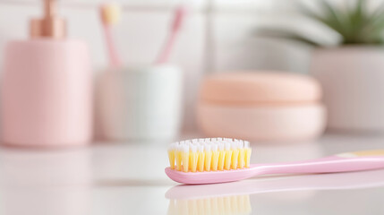 Pink and yellow toothbrush is lying on white bathroom counter with soap dispenser, toothbrush holder and other accessories in background