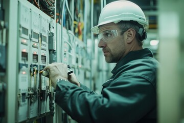 Experienced man electrical engineer inspecting control panels in industrial facility, wearing protective gear, focused on system diagnostics. Engineering and power management photography concept
