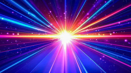 Obraz premium Vibrant cosmic burst with radiant multicolored light beams and stars