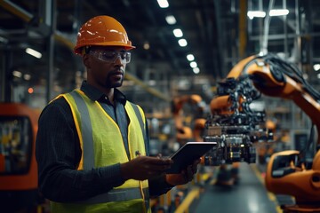Focused man industrial engineer using tablet to monitor robotic arms in a modern factory setting, wearing safety gear and reflective vest. Automation and advanced manufacturing technology concept