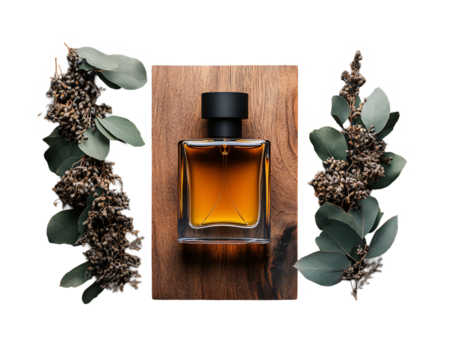 a bottle of perfume on a wood surface surrounded by leaves