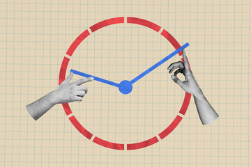 Composite photo collage of hands point alarm clock arrow early morning alarm second deadline limit...