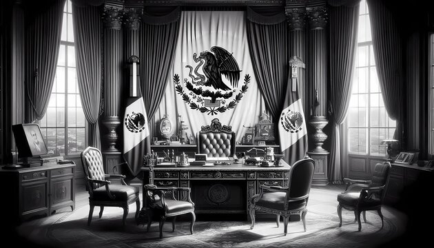 iper realisat photograph in black and white, of a desk, with a presidential chair in the background, the flag of Mexico during the Porfiriato created with generative AI