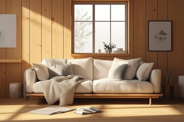 Fototapeta premium Cozy living room with wooden paneling, white sofa. Warm sunlight streams through window with snowy landscape. Soft beige blanket, pillows rest on sofa. Modern Scandinavian design. Interior photo for