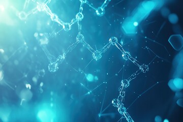 Molecular structure with transparent hexagonal and spherical connections on a blue gradient background, symbolizing science, chemistry, and innovation