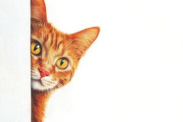 Ginger cat with vivid yellow eyes peeking around a white wall with a curious expression
