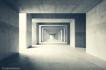 Fototapeta premium Endless concrete corridor with repeating geometric frames creating depth and symmetry, evoking minimalism and architectural abstraction