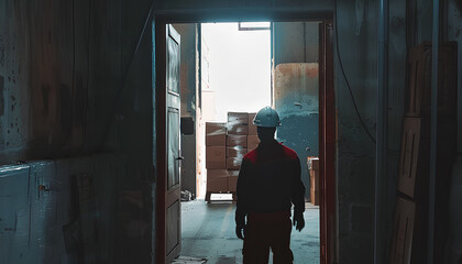 Young caucasian man in helmet, worker in warehouse transporting first palette through door to empty hall. Stock of Parcels with Products, transportation concept