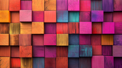 Colorful textured wooden blocks in vibrant patterned grid design