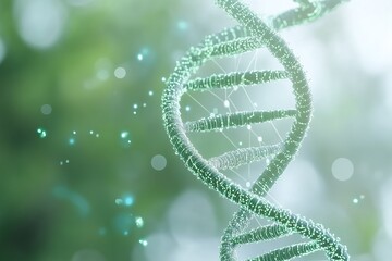 Digital DNA strand structure in green tones with glowing particles on a soft blurred background, symbolizing genetics, science, and biotechnology
