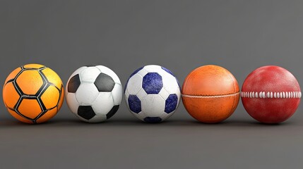 A vibrant display of five different sports balls, including soccer, tennis, and baseball, showcasing their unique colors and textures.