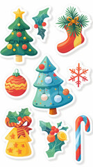 Fototapeta premium Festive christmas sticker set featuring trees, decorations, and holly for holiday crafts