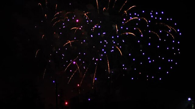 Silver red purple blue sparks scattering fireworks on the black night sky. General plan