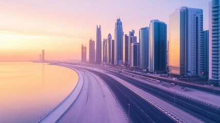 Obraz premium A panoramic view of the modern cityscape at dawn