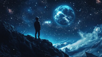 Obraz premium A young boy gazes at a stunning blue planet amidst a starry sky, evoking a sense of wonder and curiosity about the universe.