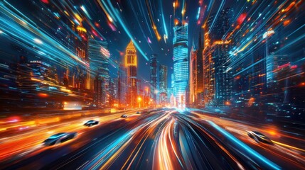 Obraz premium Dynamic retro wallpaper with glowing vehicles racing through neon towers