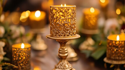 Fototapeta premium Golden Candlesticks - Elegant Table Setting