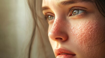 Fototapeta premium Close-up of a young Caucasian woman's face with delicate features and dry skin, captured in natural lighting.