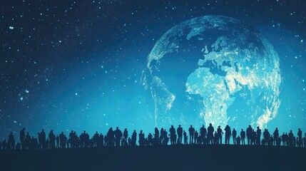 Fototapeta premium Silhouettes of diverse people admiring a glowing Earth against a starry night sky.