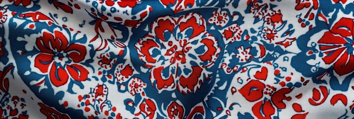 A close-up view of a traditional ajrak fabric pattern showcasing bold red and blue floral designs on a textured white background