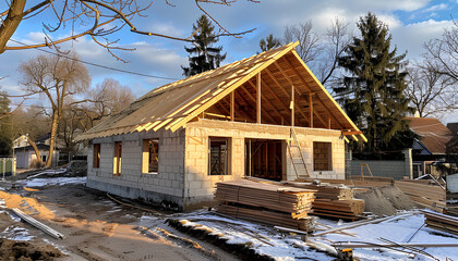 Start of construction and construction of the roof of a new house