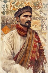 Obraz premium A watercolor illustration of a Sindhi man wearing a traditional topi and shawl, set against a background of intricate geometric and floral patterns, reflecting cultural heritage and craftsmanship