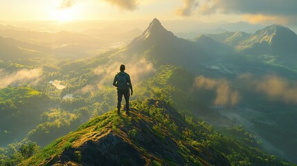 Obraz premium A person stands on a mountain peak, gazing at a breathtaking landscape at sunrise.