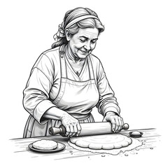 Illustration of an old woman rolling dough