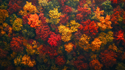 Vibrant autumn foliage: aerial view of colorful forest canopy with red, orange, and yellow leaves