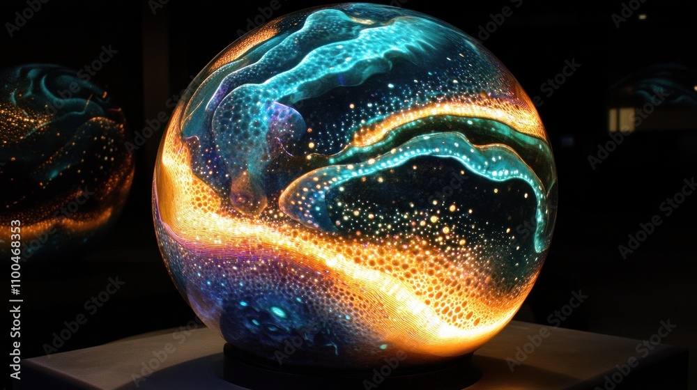 Poster Illuminated Sphere Displaying Vibrant Colors and Patterns in a Dark Artistic Setting