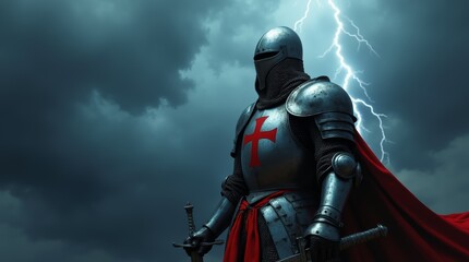 Fototapeta premium Medieval Knight in Full Plate Armor with Chainmail Hood and Visor