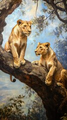 Obraz premium Two Majestic Lions on a Tree in a Serene Natural Habitat Under Blue Sky