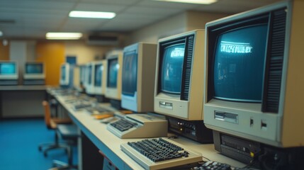 Row of vintage computers in a retro office.