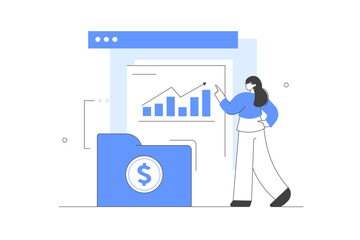 Financial. Character investing money in stock market. Analyzing financial graphs, latest stock market news and other data. Stock trading concept. Flat Cartoon Vector Illustration, icon. Stylish 
