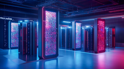 Futuristic data center with vibrant led lights and modern servers in neon glow