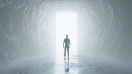 Obraz premium Mysterious Silhouette in a Futuristic Icy Tunnel Entrance to Light