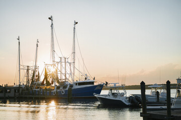 Fishing Boats Docked at Hilton Head Marina During Sunset