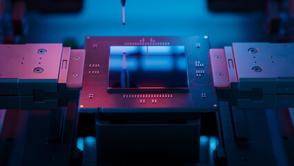 Advanced Computer Chip illuminated with Red Light in Industrial Environment. Microchip on Conveyor...