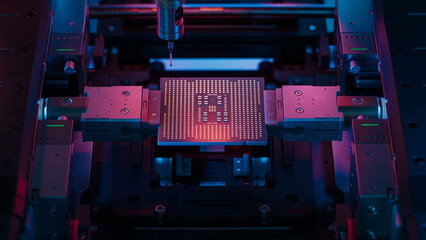 Microchip on Conveyor Line during Production and Packaging Process on Semiconductor Fab. Advanced...