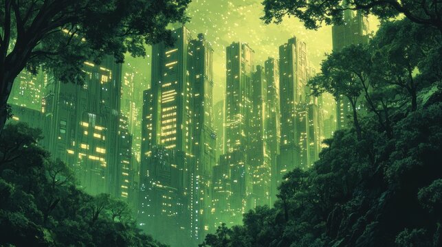 Futuristic Cityscape at Night with Illuminated Skyscrapers Amidst Lush Green Forest