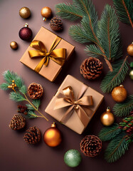 A festive Christmas scene with a wrapped gifts, pine cones, and ornaments on a dark background