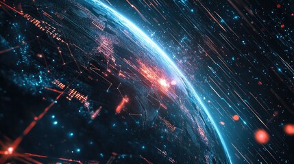 Obraz premium A stunning visualization of Earth surrounded by vibrant digital data streams, showcasing a futuristic and high-tech atmosphere.
