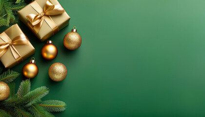 Zielone tło świąteczne. Boże narodzenie, prezenty i bombki. Tapeta świąteczna, kartka. Puste miejsce na tekst