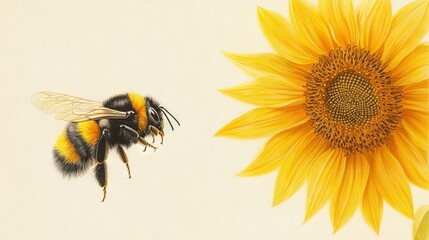  Painting of Bee & Sunflower on White Background with Yellow Foreground Flower