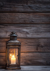 A glowing rustic lantern against a weathered wooden background, creating a nostalgic and vintage feel.